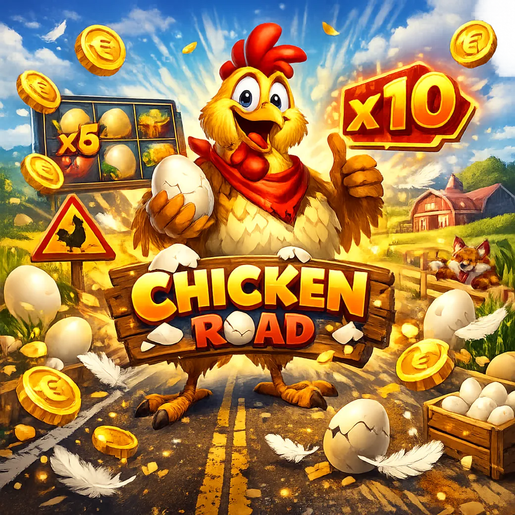 Promotional image featuring a funny chicken on road lanes with coins and eggs.