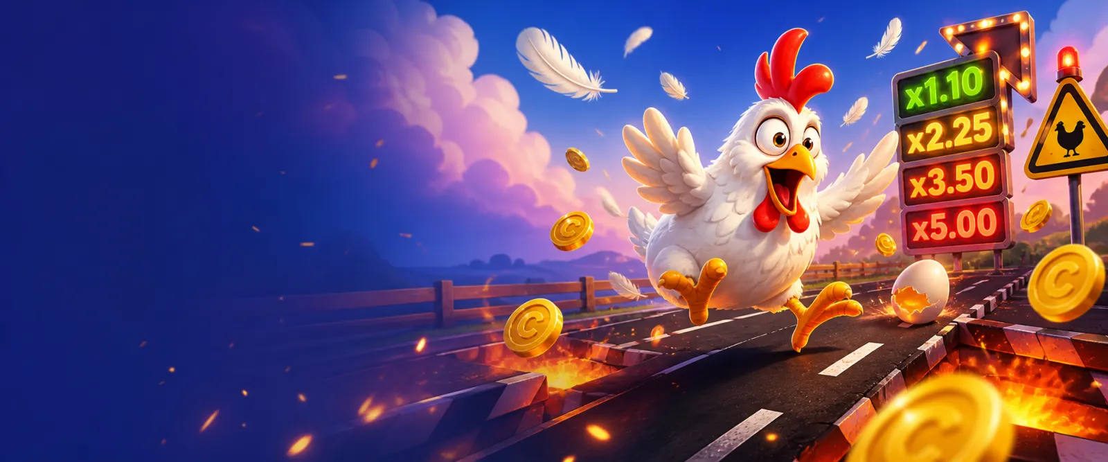 Dynamic Chicken Road slot banner with playful arcade energy and bright feathers