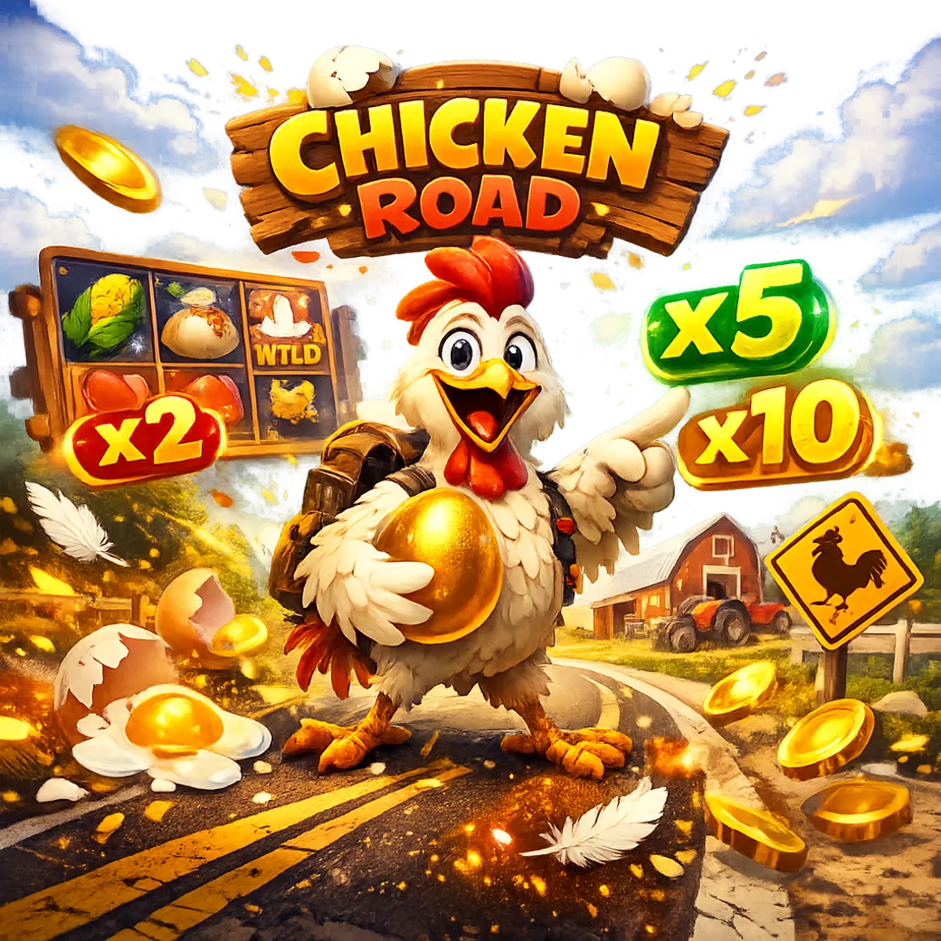 Bright promotional image for Chicken Road slot with a funny chicken, road lanes, eggs, and coins capturing the game's playful